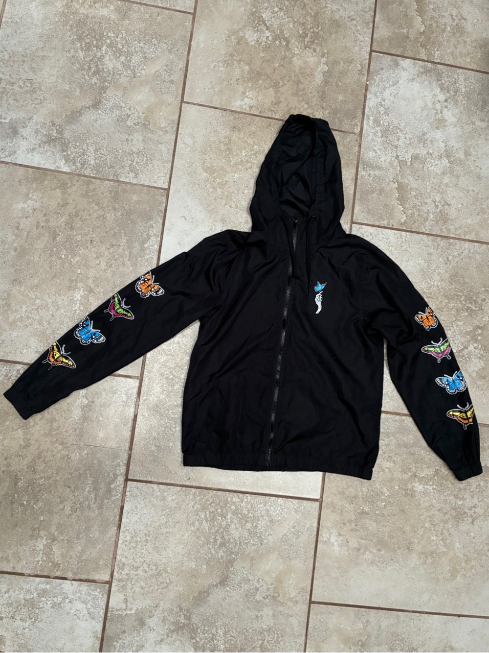 Empyre Black Hooded Zip-Up Jacket with Multicolored Butterfly Sleeves